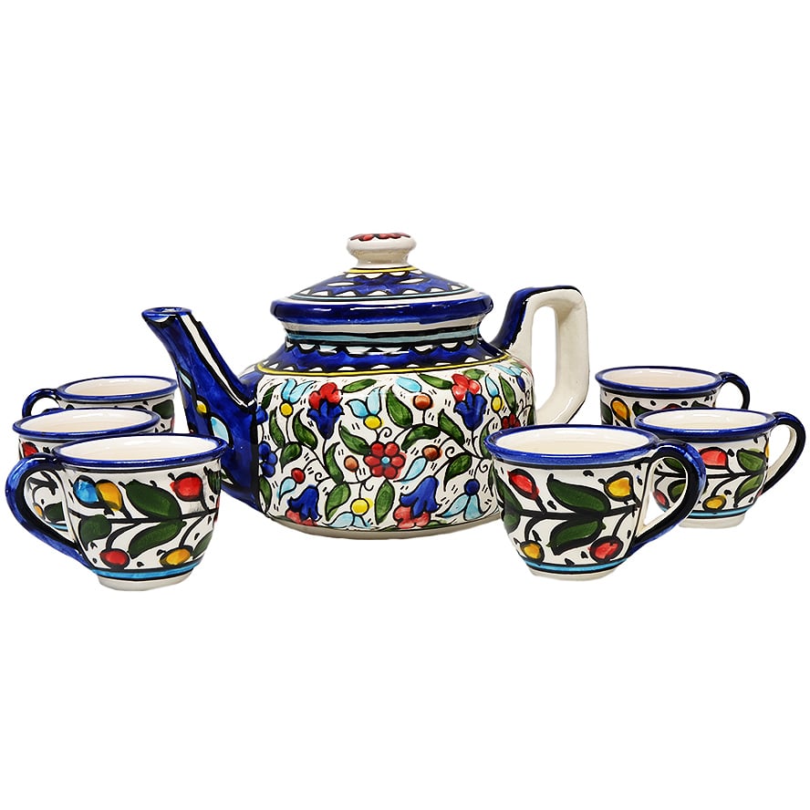 Armenian Ceramic Tea Pot with 6 Cups Set - Colorful Flowers