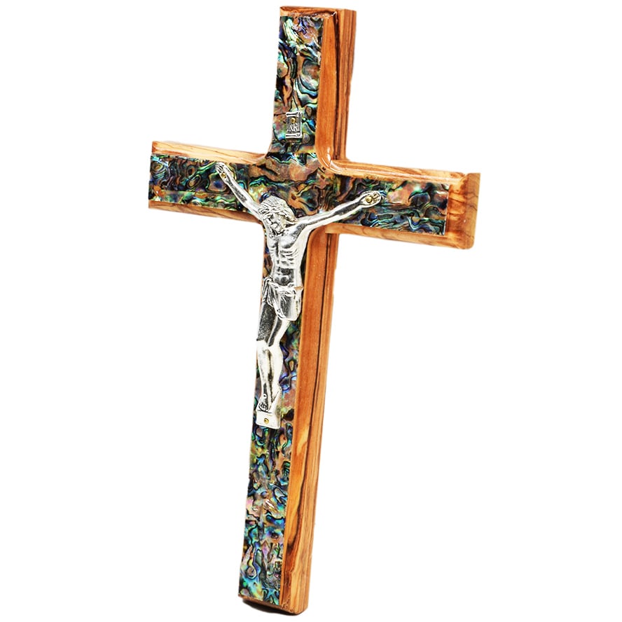 Wooden Wall Cross: Metal Crucifix on Mother of Pearl inlay - 10" (angle)