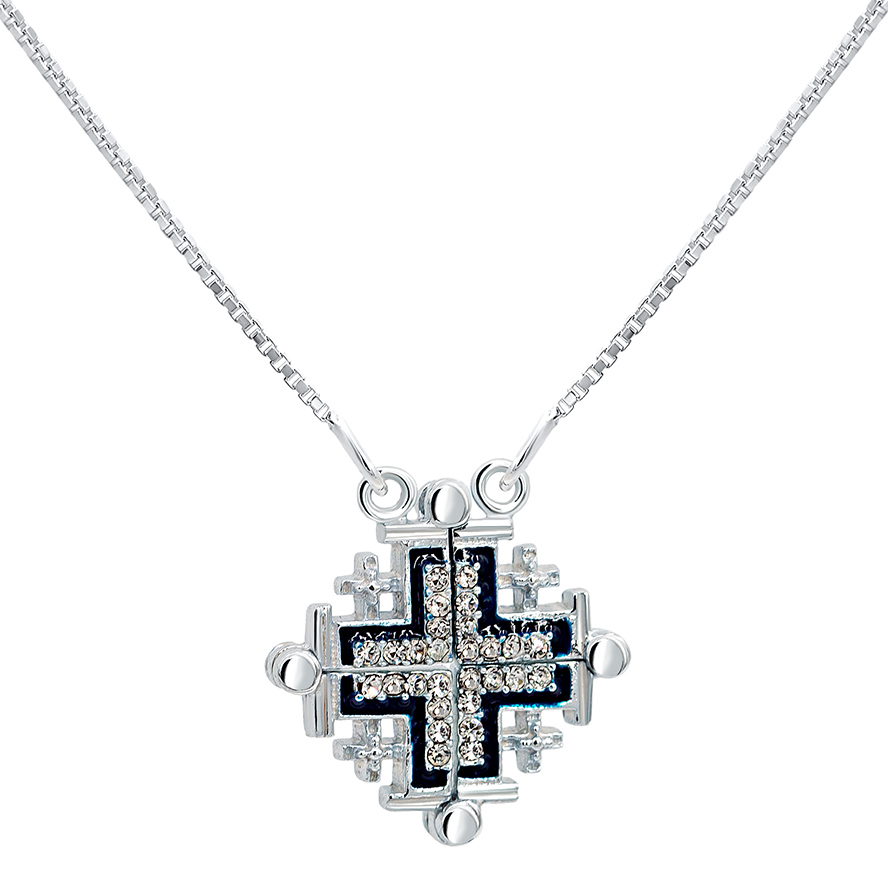 Opening 'Jerusalem Cross' with Zircon in 925 Silver Necklace - Blue Enamel - Made in Israel