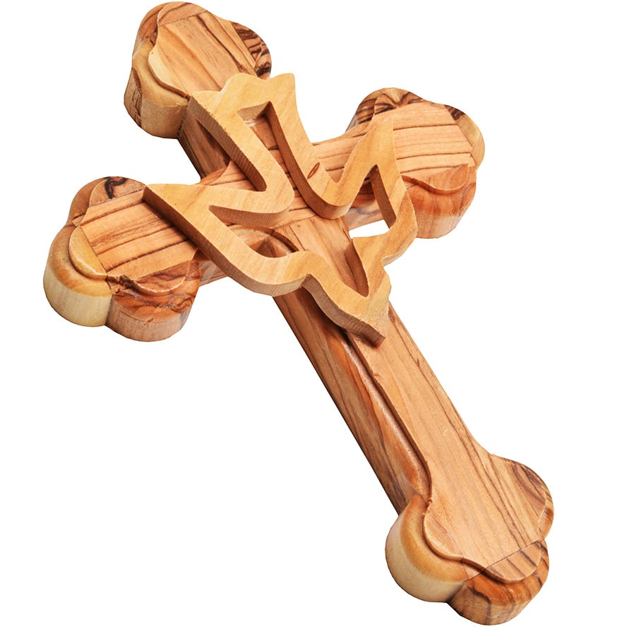Orthodox Wooden Wall Cross: Handcrafted in the Holy Land - Descending Dove Carving - Olive Wood - 5"