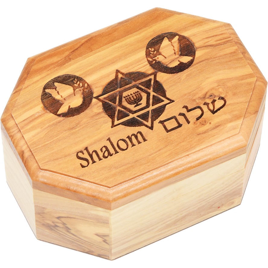 Engraved Wooden Trinket Box: 'Shalom' with Doves and Star of David - Olive Wood - Octagonal - 3.8