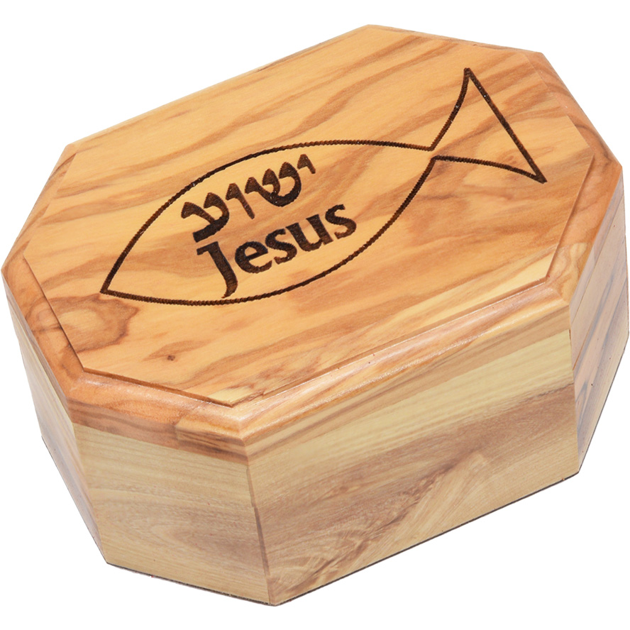 Engraved Wooden Box: Hebrew 'Yeshua Jesus' Fish - Handcrafted from Olive Wood - Octagonal Size 3.8"