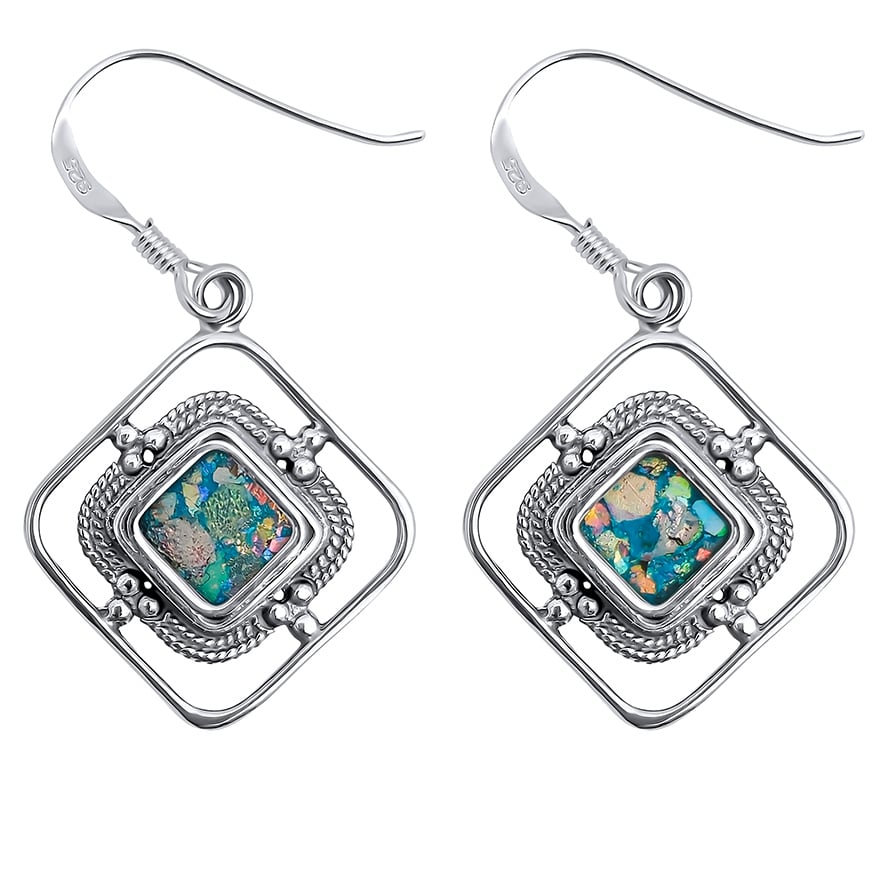 Art Deco Roman Glass Earrings - Artistic Square Sterling Silver Earrings - Made in Israel