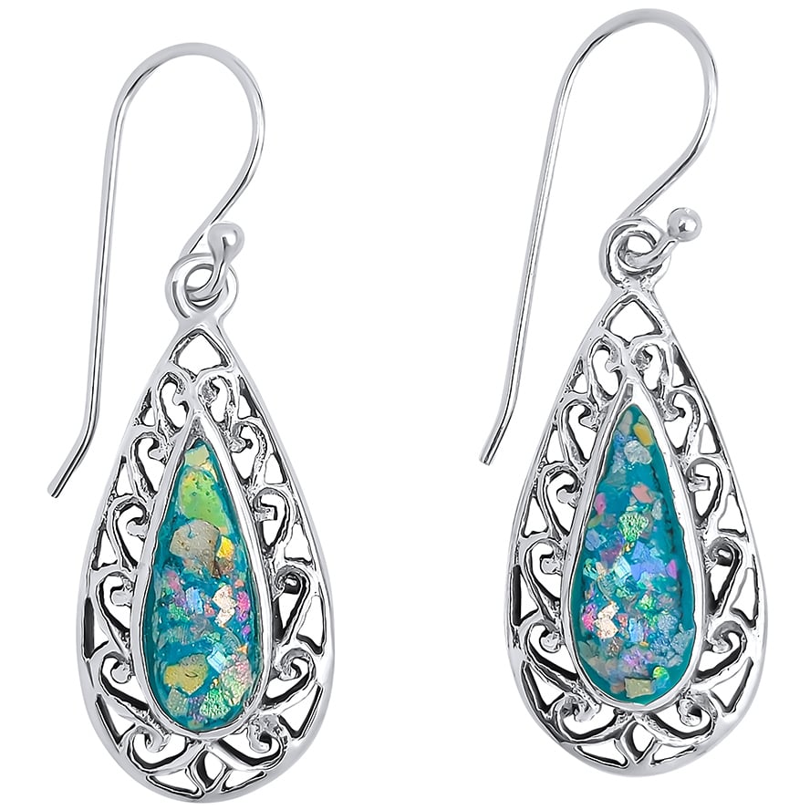 Roman Glass Teardrop Earrings - Sterling Silver Filigree - Genuine Jesus Era Glass - Made in Israel