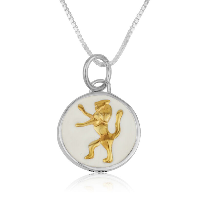 Golden 'Lion of Judah' inside a White Enamel Round Sterling Silver Necklace - Made in Israel