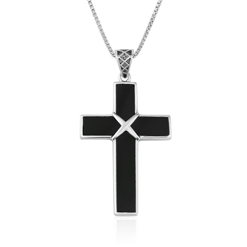 Onyx in Sterling Silver Tied Cross Necklace - Made in the Holy Land by Marina Jewelry