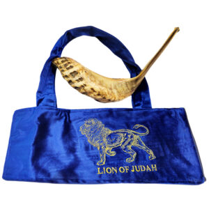 Ram's Horn Shofar Bag - Blue Velvet and Embroidered with a Golden 'Lion of Judah' - Length 15"