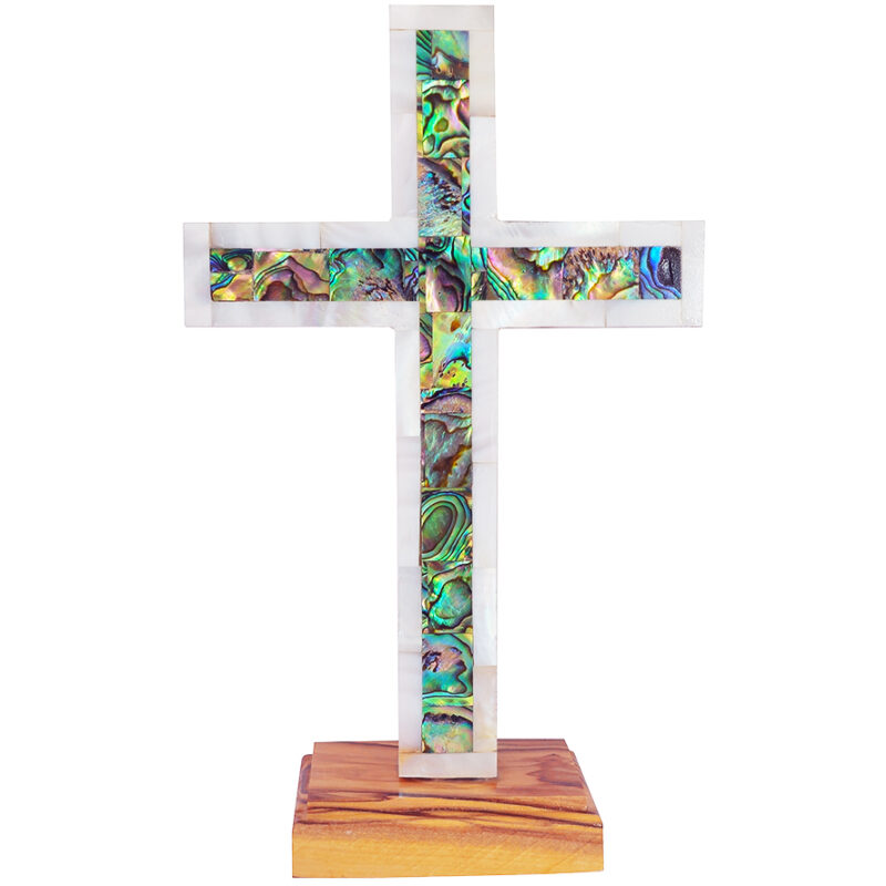 Standing Wooden Cross - Mother of Pearl inlay - Handcrafted in Israel - Olive Wood - 7" high (front)