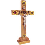 Wooden 'Jesus' Cross with Metal Crucifix - Standing - Four Incense - Made in Israel from Olive Wood - 9" Tall