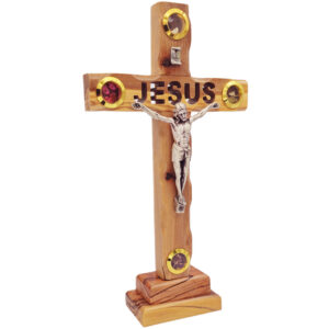 Wooden 'Jesus' Cross with Metal Crucifix - Standing - Four Incense - Made in Israel from Olive Wood - 9" Tall