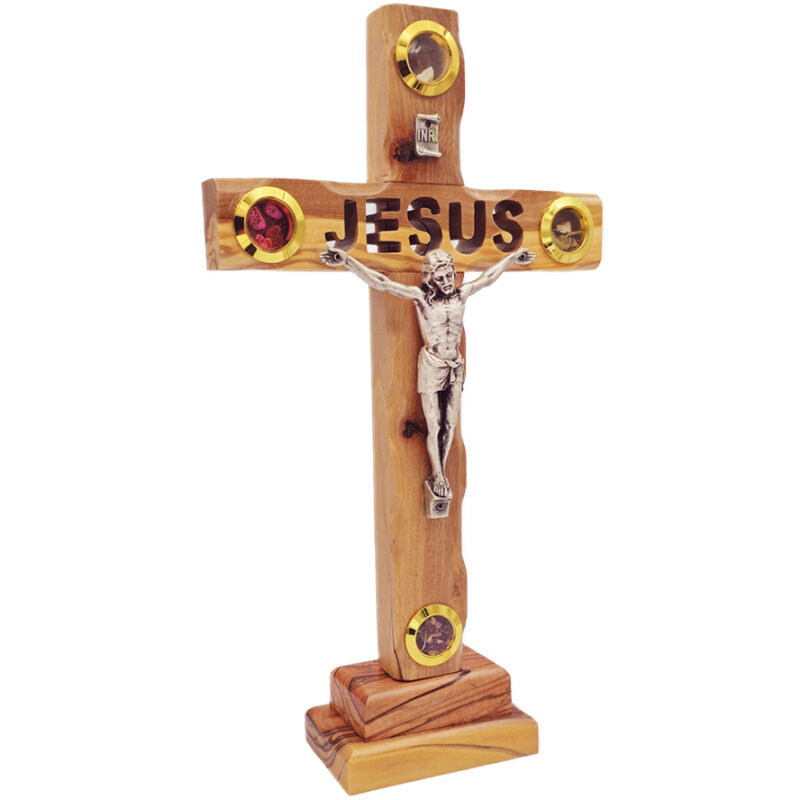Wooden 'Jesus' Cross with Metal Crucifix - Standing - Four Incense - Made in Israel from Olive Wood - 9" Tall