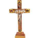 Wooden 'Jesus' Cross with Metal Crucifix - Standing - Four Incense - Made in Israel from Olive Wood - 9" - front