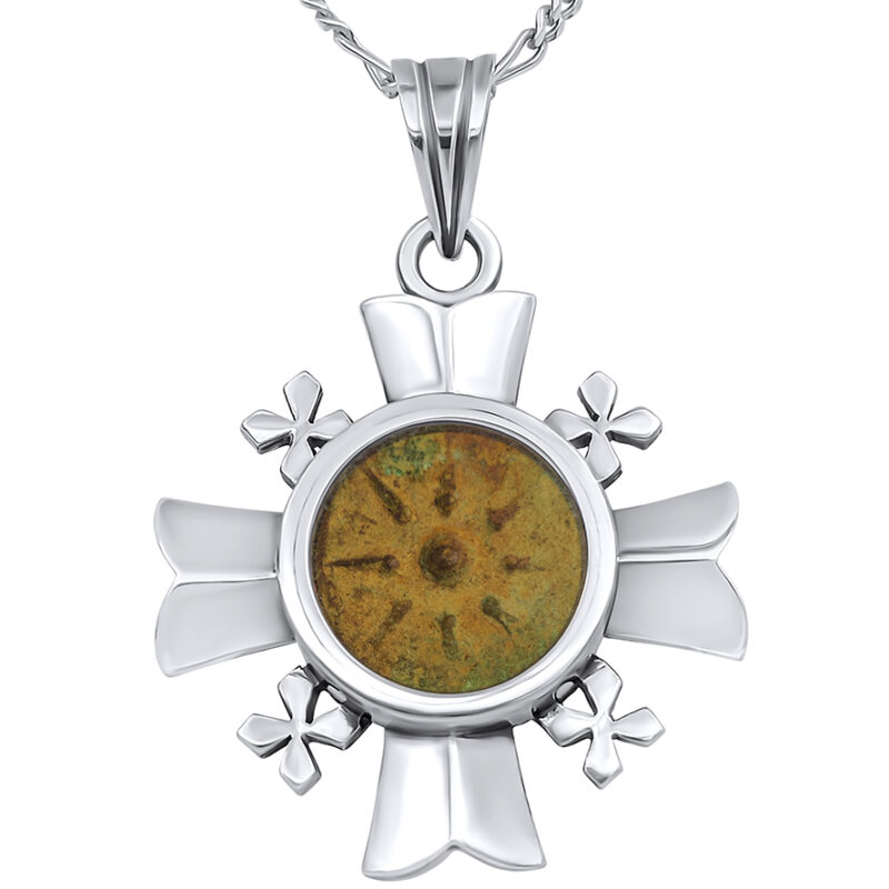 Authentic Biblical Widow's Mite Coin - Mounted in the 'Jerusalem Cross' - Sterling Silver - Made in Israel