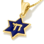 'Chai' inside a Star of David in 14k Gold with Blue Enamel Necklace - detail