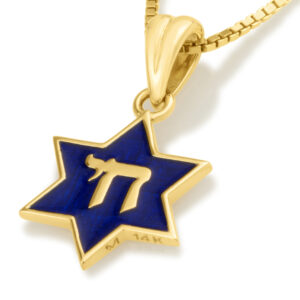 'Chai' inside a Star of David in 14k Gold with Blue Enamel Necklace - detail