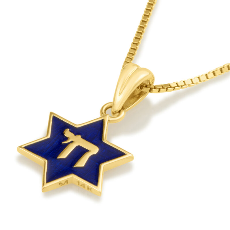 'Chai' inside a Star of David in 14k Gold with Blue Enamel Necklace - Biblical Jewelry - Made in Israel