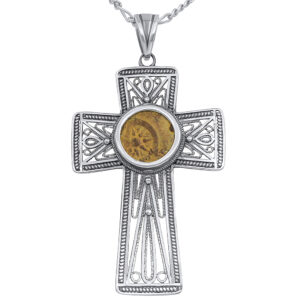 Filigree Cross with a Widow's Mite Coin - Sterling Silver - Handcrafted in Israel - Authentic Jesus Period Coin - front