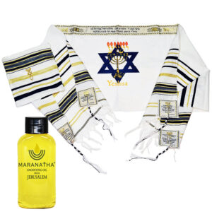 YESHUA Prayer Shawl Messianic Tallit - Hebrew - Maranatha Anointing Oil - Dark Blue and Gold