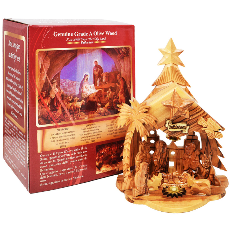 8" Wooden Christmas Tree Nativity - Musical Manger Scene - Carved from Olive Wood - Made in Israel