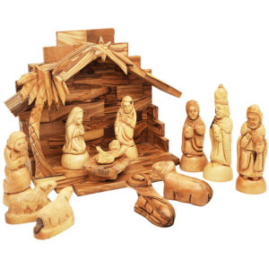 Wood Manger Scene Set – 12pc Carved Olive Wood Moveable Figurines – Made in Bethlehem – 9″