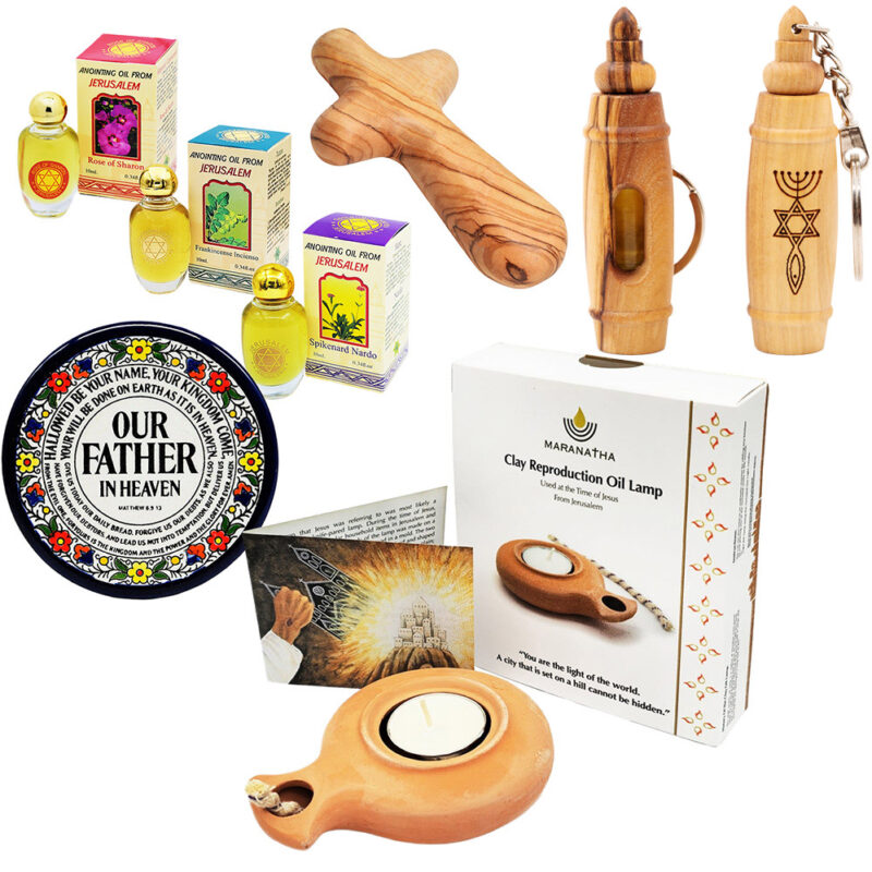 Holy Land Blessing Box - Clay Lamp, Cross, 3 Anointing Oils, Olive Wood Anointing Keychain & Lord's Prayer Ceramic