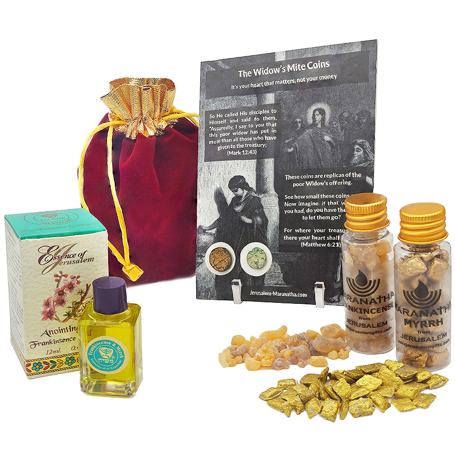 "Gifts for the King" Christmas Gift Set - Holy Land Incense - Widow's Mite Replicas - Frankincense & Myrrh Anointing Oil