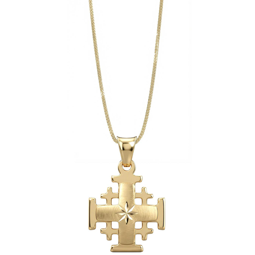 14k 'Jerusalem Cross' Necklace - Arched Central Cross - 'Star of Bethlehem' Etching - Made in Israel
