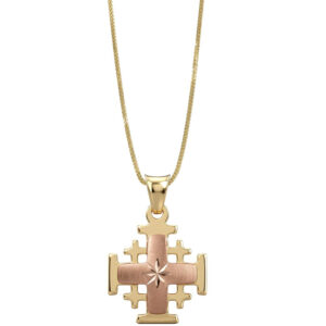 14k 'Jerusalem Cross' Necklace - Rose Gold Arched Central Cross - Star of Bethlehem - Made in Israel