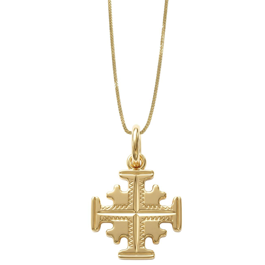 'Jerusalem Cross' Etched Star Center - 14k Gold Necklace - Made in Israel - Size: 0.7"