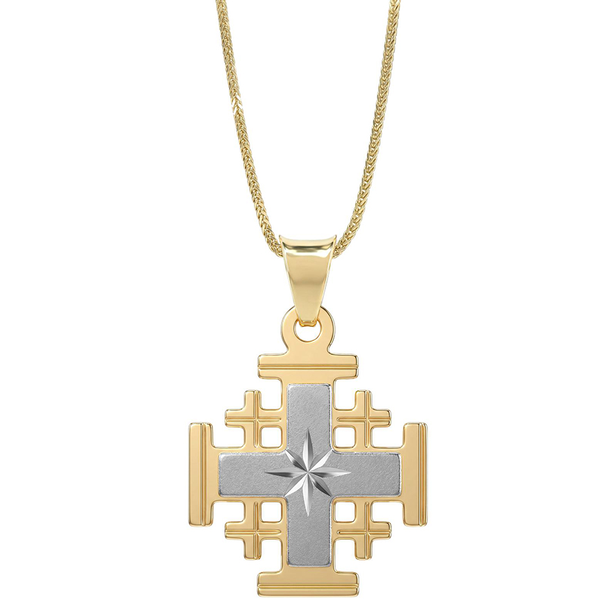 14k 'Jerusalem Cross' Necklace in Yellow & White Gold - 'Bright Morning Star' - Made in the Holy Land