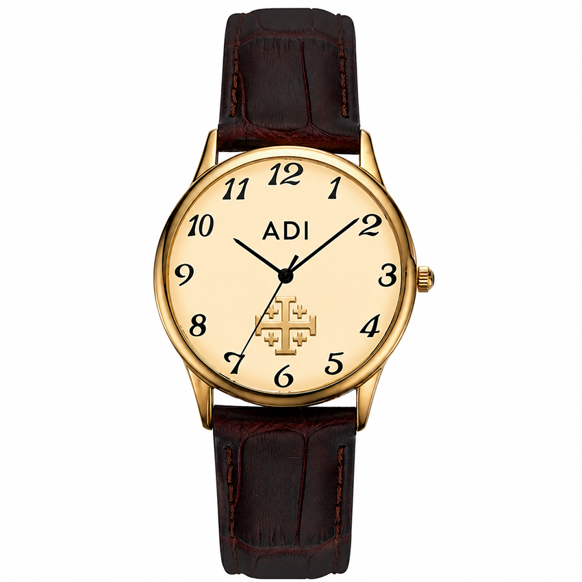 Classic ‘Jerusalem Cross’ Gold-Tone Watch – Brown Leather Strap – Unisex Design – Made in Israel