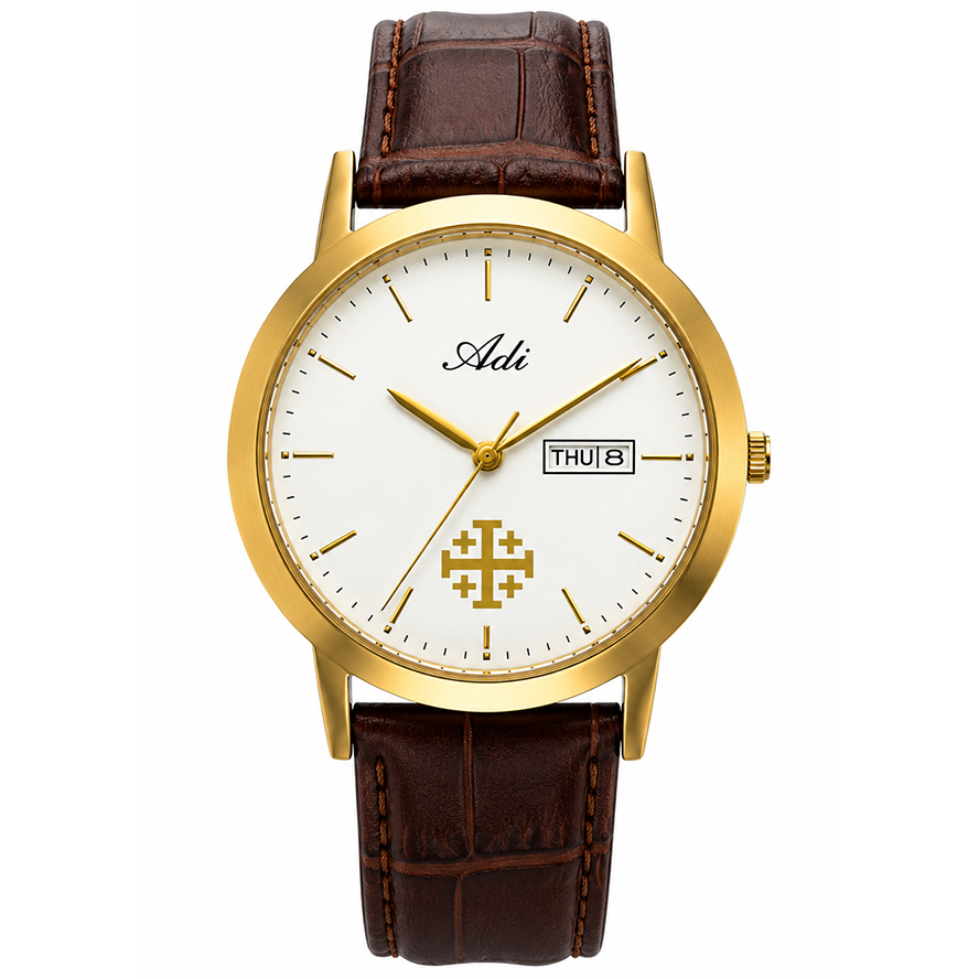 ‘Jerusalem Cross’ Heritage Watch for Men –  Gold-tone Stainless Steel – Day and Date – Made in the Holy Land