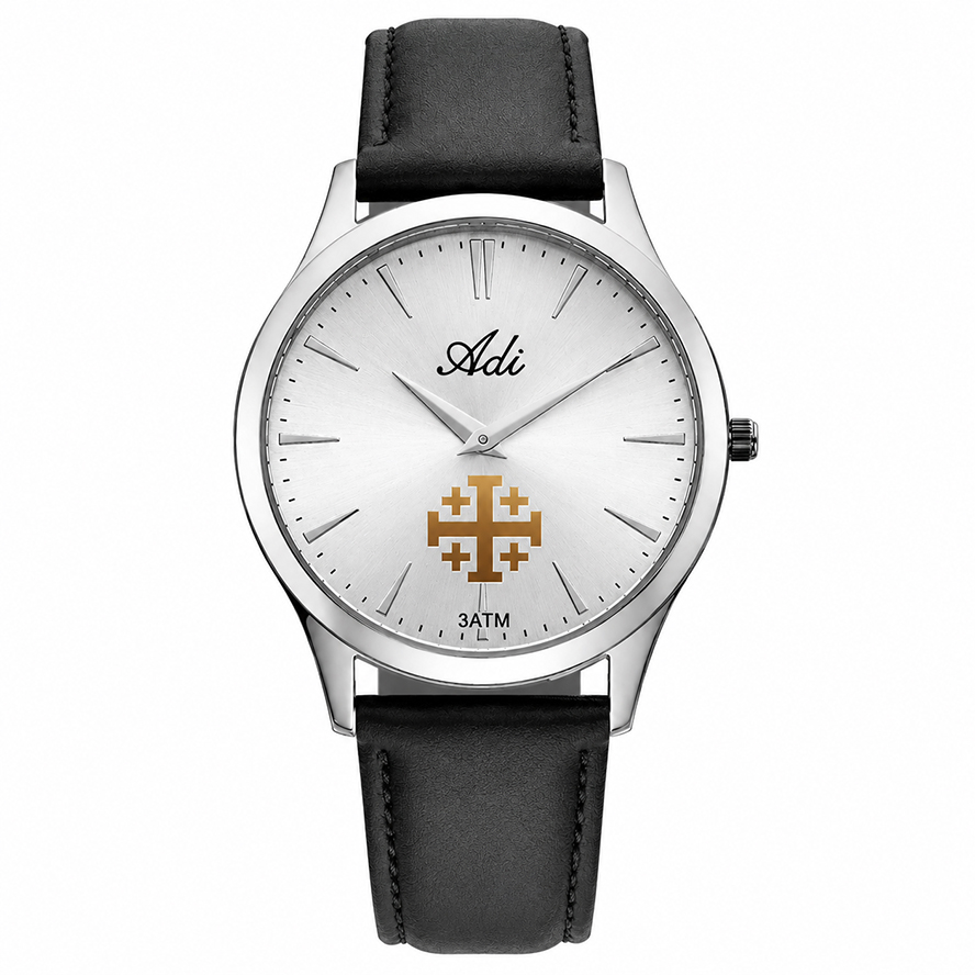 The ‘Jerusalem Cross’ Silver-Tone Watch – Premium Leather Strap – Made in the Holy Land