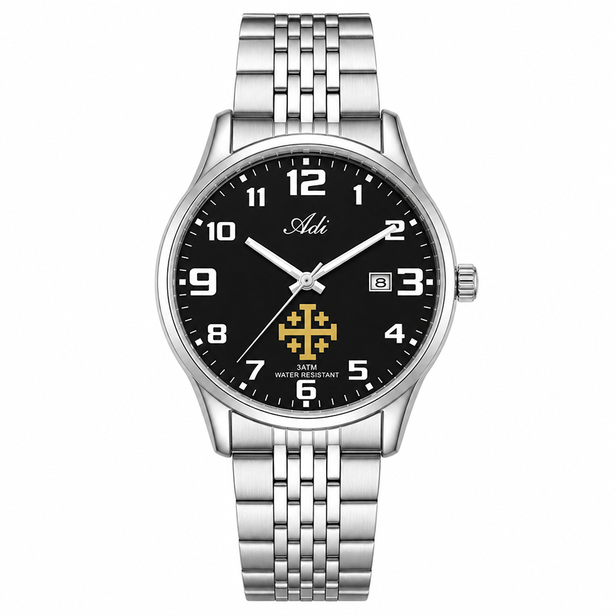 Timeless ‘Jerusalem Cross’ Watch for Men –  Stainless Steel Case and Bracelet – Made in the Holy Land